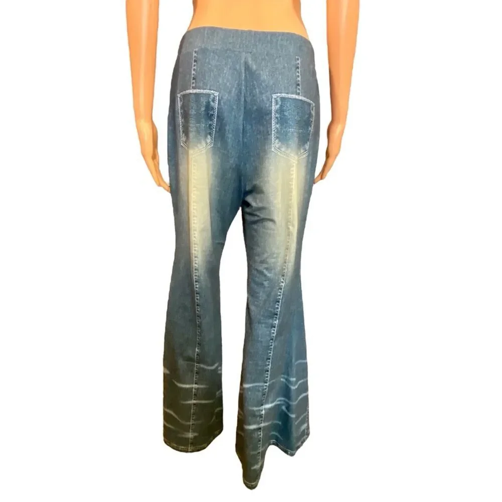 Shein Curve Wide Leg Pant Jean Print Faux Distressed Pattern High Waist Size OXL